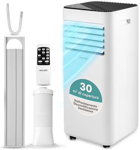 SereneLife vit portabel luftkonditionering 9000 BTU 2,0 kW för 28 m² – AC med frånluftsslang, 3-i-1 med avfuktare och fläkt, tyst 54 dB, inkl. fönsterkit och fjärrkontroll