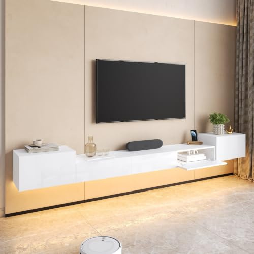 Meuble TV Suspendu avec Éclairage LED, Meuble Tele Mural pour Salon Moderne avec Portes Laquées Brillantes, Support pour TV Jusqu’à 50 kg, 245x30x26 cm, Blanc