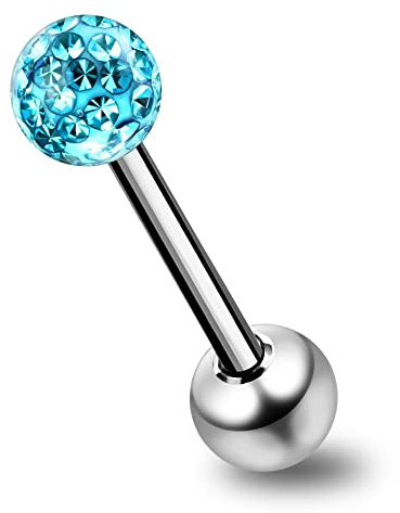 AZARIO LONDON Piercing per lingua con bilanciere dritto in acciaio chirurgico 14 gauge con sfera di pietra cristallina multi quadrifoglio in resina epossidica azzurro