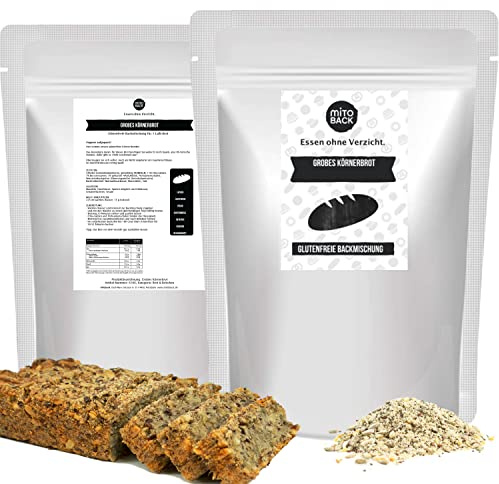MITOBACK - Grobes Körnerbrot Brotbackmischungen á 350 g - Glutenfreies Eiweiß Brotbackmischung - Eiweißbrot zum Backen - Brot Backmischung: Glutenfrei, Vegan & Hefefrei ideal bei Diabetes & Zöliakie