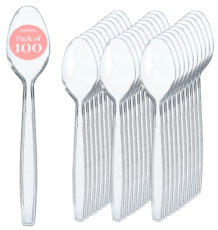 Prestee 100 Pack Clear Plastic Spoons Bulk - Heavy Duty 6 Plastic Silverware Spoons for Weddings, Parties and Catering Events - Heat-Resistant Utensils Disposable Spoons for Hot and Cold Food