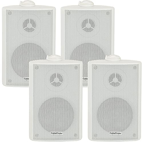 (2 PAIR) 4x 4” 70W White Outdoor Rated Speakers *Wall Mounting HiFi Brackets Included* 8Ohm & 100V Perfect for Outside Garden Parties, Rain & Weatherproof IP54 Passive Cabinet - Loops