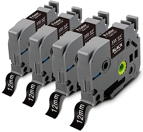 Pristar Kompatible Schriftband für Brother TZe-335 TZe335 TZ335 Weiß auf Schwarz 12mm x 8m Etikettenband für Brother PT-H105 H107 H101C H100LB H100R P300BT H100LB D200BW D200VP, 4 Pack