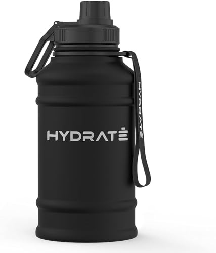 HYDRATE Stainless Steel 1.3 Litre Water Bottle (Black) Metal Gym Water Bottle - Convenient Stainless Steel Water Bottle, Hiking Water Bottle with Nylon Carrying Strap and Leak-Proof Screw Cap