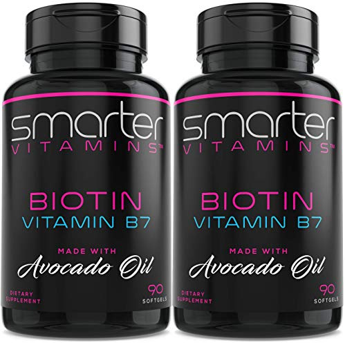 (2 Pack) Smarter Biotin 5000mcg in Avocado Oil, Vitamin B7, Non-GMO, 90 Mini Liquid Softgels, No Soy