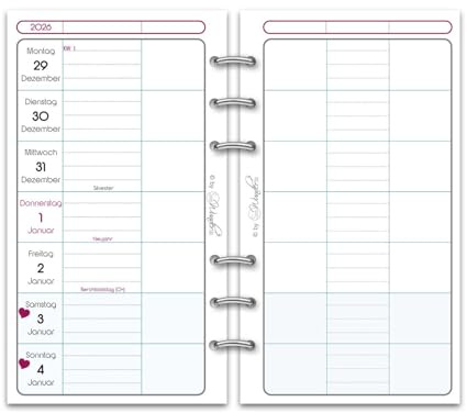 SinnWunder® Premium Kalendereinlagen 2026 - Wochen-Kalender - 1 Woche 2 Seiten - Größe Personal - Filofax-Lochung