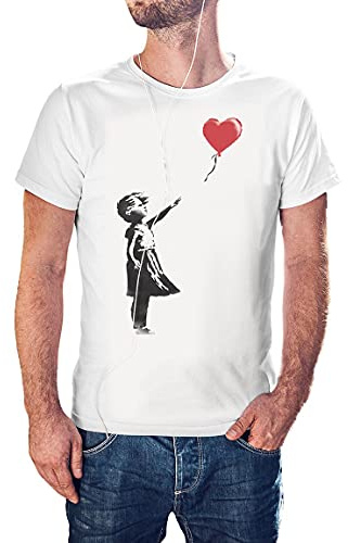 KMF T-SHIRT | Camiseta Hombre, algodón 150g | Manga Corta, Cuello Redondo, Outfit Moderno, Suave y Resistente, para Uso Diario | Diseño Estilo Banksy, Niña con Globo (Blanco, XL)