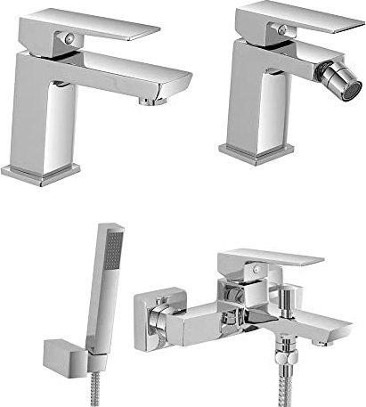 Set rubinetti miscelatori lavabo bidet e vasca con kit doccia cromati, scarico incluso, serie Kubo (Set Lavabo Bidet e Vasca)