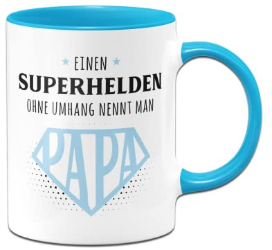 Tassenbrennerei Tasse mit Spruch Einen Superhelden ohne Umhang nennt man Papa - Kaffeetasse lustig als Geschenk für Vater (Blau)