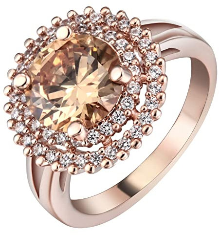 BCughia Rose Gold Plated Rings for Women, Goth Wedding Ring Copper Cubic Zirconia Round Shape Champagne Zirconia Promise Rings Jewelry Gift for Women Size L 1/2