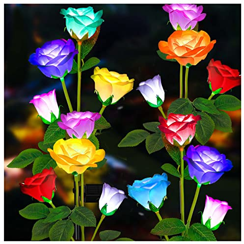 DooYard Solar Garden Lights 4 Pack - Upgraded Version Outdoor Light, 7-Color Changing Rose Lights for Yard, Garden Decoration, Enlarged Solar Panel, More Realistic Rose Flower (4 Pack)
