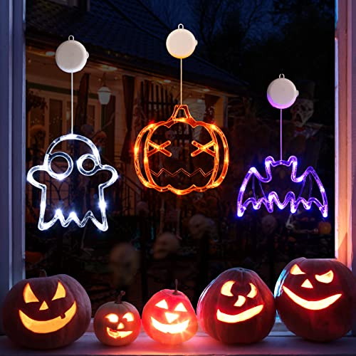 LOLStar Halloween Lights Decorations, 3 Pack Orange Pumpkin White Ghost Purple Bat Window Lights with Suction Cups, Battery Operated Halloween LED Lights Decor 2025 Slow Fade Mode and Timer