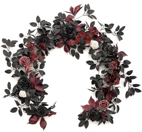 Ling's Moment 5FT Black Burgundy Artificial Flower Garland Fake Rose Leaves Floral Garland Arch Flowers Vine for Wedding Party Backdrop Decor Mantel Home Table Centerpieces Wall Decorations