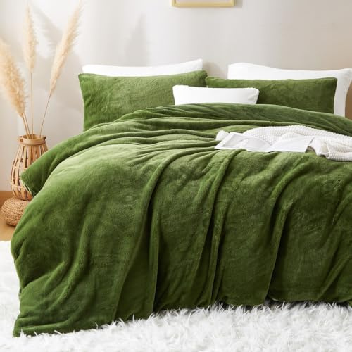 Lanqinglv Plüsch Bettwäsche 135x200 Grün Weiß Kunstfell Flauschig Winterbettwäsche Warme Kuschelig Flanell Fleece Biber Unifarben Bettbezug mit Reißverschluss und 1 Kissenbezug 80x80cm