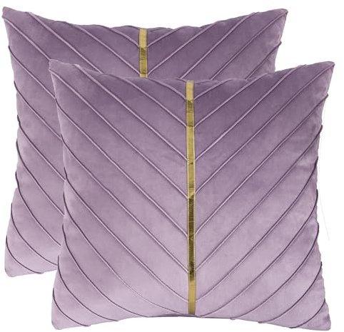 Tosleo Pack of 2 Purple Velvet Throw Pillow Covers 18x18 inch with Gold Leather Couch Pillow Cover Luxury Modern Pillowcases for Living Room Bedroom Sofa Cushion Bed 45x45CM