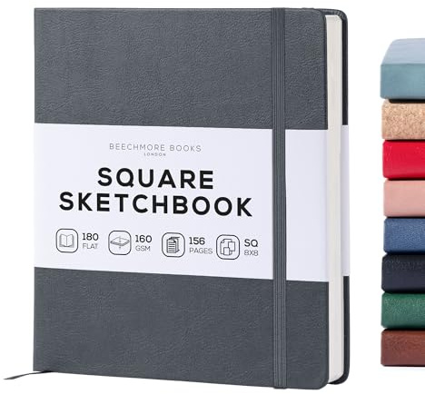 BEECHMORE BOOKS Skizzenbuch quadratisch (20,3 x 20,3 cm) – Hardcover aus Veganleder, 156 Seiten 160 g/m² | Perforiert, Lay-Flat, Geschenkbox, Skizzenblock für Zeichnen, Malen, Mixed Media