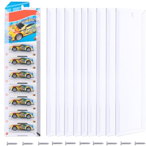 10 Sets Modellauto Vitrine zur Wandmontage Aufbewahrungsregal aus Plastik Spielzeugauto Organizer aus Druckguss mit Blisterverpackung Wandregal Hängeregal 42,5x11,2 cm