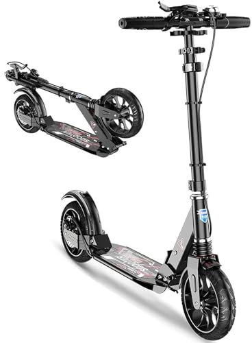 NBTRXWAFR Cityroller Tretroller Erwachsene 150 Kg Tragkraft, 200Mm Big Wheel Scooter Mit Bremsen Und Stoßdämpfern, Kickboard Klappbar & Höhenverstellbar,Schwarz
