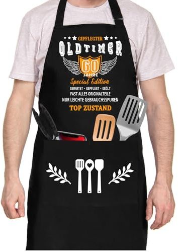 Tarklanda Grillschürze 60 Geburtstag Mann Geschenk lustig Kochschürze Baumwolle Küchenschürze Geschenkideen Grillschürze Schwarz Schürze Geschenk für Männer zum 60. Geburtstag, Grillparty