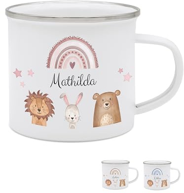 wunderwunsch - Personalisierte Emaille-Tasse - Emaille Tasse, Becher Mädchen, Schulanfang Geschenk, Kindergarten Trinkbecher, Cup f+r Kinder (mit ROSA Regenbogen)