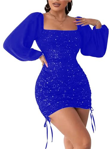 DGCUPODE Damen Bodycon-Kleid mit seitlichem Kordelzug und Glitzer Langärmeliges Cocktailkleid mit quadratischem Ausschnitt Schlanke Club Partykleider (Blau,L)