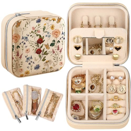 Bistup Travel Jewelry Case - Small Jewelry Organizers and Storage Box for Women Girls Teens Cute Traveling Jewelry Holder with Mirror Little Tiny Compact Flower Floral Modern Unique Aesthetic Pretty