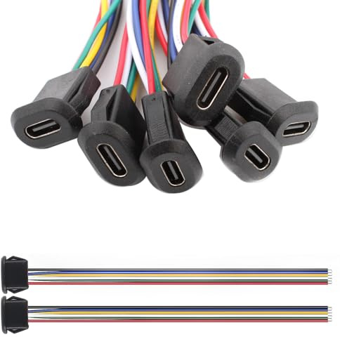 VISSQH 6 Pièces USB C 6 broches connecteur Femelle,USB Type C souder connecteur 6 fils 3A USB C Montage sur Panneau connecteur 24AWG USB Type C Câble d'extension avec Boucle à Rainure à Pression