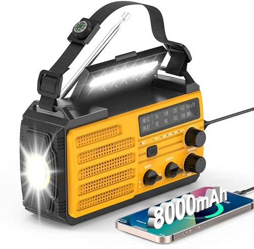 Radio Portatile Emergenza FM/AM, Radiolina a Manovella Dinamo, Radio Solare Piccola con Batteria Ricaricabile da 8000mAh, Allarme SOS e Torci, Lampada da Lettura, Power Bank per Emergenze
