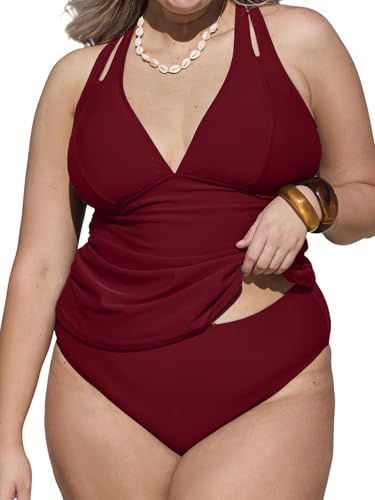 CUPSHE Tankini-set för kvinnor mitten uppgång v-ringad korsad justerbara remmar utskuren rynkad tvådelad baddräkt badkläder XS-4XL, Röd, XL