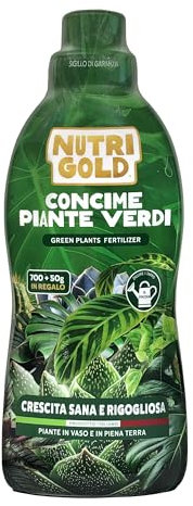 NutriGold® concime Piante Verdi | Fertilizzante per Piante da Interno e Esterno - Formula Anti Ingiallimento che Esalta il Verde delle Piante - Nutrienti Selezionati a Km0 - Liquido 700g + 50g Omaggio