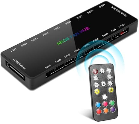 AYWHP ARGB PWM Fan Hub, 9-Fach Lüfter-Hub mit Magnetischer Basis, SATA-Stromversorgung 18 Port, 5V 3-Pin ARGB & 4-Pin PWM Anschlüsse, RGB-Synchronisation für PC-Case & CPU-Fans