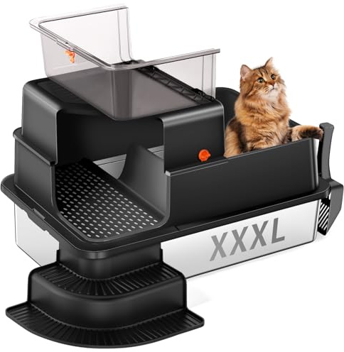 Bartuke Edelstahl Katzenklo, Hohe Seitenwand Metall Katzentoilette mit gefiltertem Gang, Stufe, Schaufel, Nicht klebend, geruchsneutral, einfache Reinigung (Schwarz)