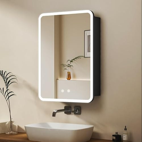 WDWRITTI LED Spiegelschrank mit Beleuchtung 50x70x13,5cm Badezimmerschrank, Runder Ecken Bad Metall Badschrank Medizinschrank Spiegel Kabinett mit 3-Farben Dimmbar, Beschlagfrei