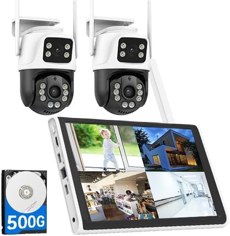 NVR CCTV Camera Systems Wireless, 8CH Outdoor Wireless 10.1''Monitor Security Camera System with 500GB HDD, 2 Pcs 6MP 360°PTZ 2.4G&5G WiFi Outdoor Camera with Dual Lens, Two Way Audio, Night Vision