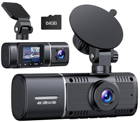 Volam Dashcam Auto Anteriore Interno, 4K + 1080p Dual Dash Cam con batteria di monitoraggio di parcheggio, schermo IPS da 1,5 Mini telecamera per auto con visione notturna IR, sensore G, grandangolo