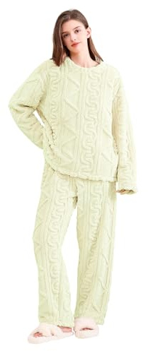 POWER FLOWER Pigiama Donna in Morbido Pile Peluche, Completo 2 Pezzi con Maglia Girocollo, Abbigliamento da Casa Caldo e Soffice per l'inverno