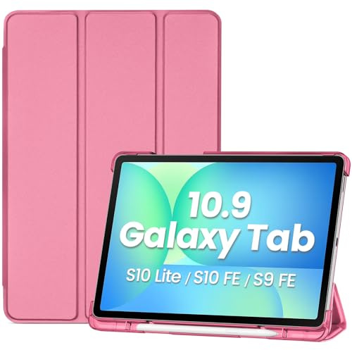 ProCase Funda para Samsung Galaxy Tab S10 Lite/S10 FE/S9 FE 10.9 Pulgadas Portalápiz S Pen, Carcasa Protectora Inteligente Smart Case Slim Folio Triple Pliegue Plegable Soporte Tab 10,9 -Rojo Coral