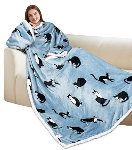 Catalonia Classy Wearable Blanket with Sleeves, Warm Sherpa Fleece TV Snuggle Blanket with Arms for Sofa Couch, Cozy Sleeved Throw Gift for Women Wife Man, 185 x 140 cm Cat Grey