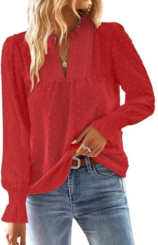 TUUHAW Camisa Mujer Manga Larga Boho Blusa Otoño Elegante con Cuello en V 2025 Moda Bordado Encaje Casual Top Punto Suizo Ropa Color Sólido Suelto Basic Túnica con Mangas de Volantes Rojo XS