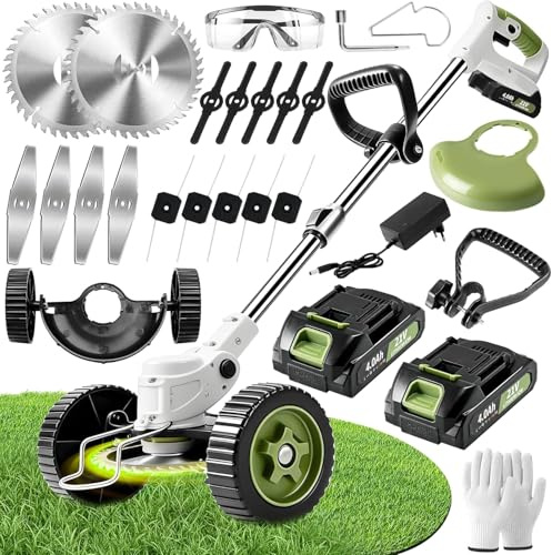 Aimmbiuty Desbrozadora Electrica Bateria - Cortabordes Electrico con 4 Tipos de Cuchillas, Tubo Telescópico - Recortadora de Cortabordes con 2 x 4000mAh Baterías 21V - para Recortar Césped y Arbustos