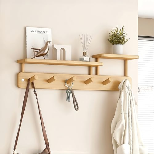 LOSTTYPE Wandgarderobe aus Bambus mit 6 Haken & Ablagebrett – Platzsparender Organizer für Flur & Wohnung, 59x17x11 cm, naturbelassen