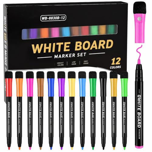 MOTIBACK Whiteboard Marker, 12 Farben Magnetisch Whiteboard Stifte mit Schwamm Radiergummi, Weißer Schaft, Feinspitze Trockenlösch Abwischbare Marker für Whiteboard, Büro und Zuhause (Schwarz)