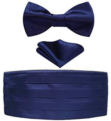 HISDERN Herren Kummerbund Marineblau mit Fliege und Einstecktuch Formelle Satin Einfarbig Kummerbunde für Männer, 3er Set Schärpe Verstellbar Band