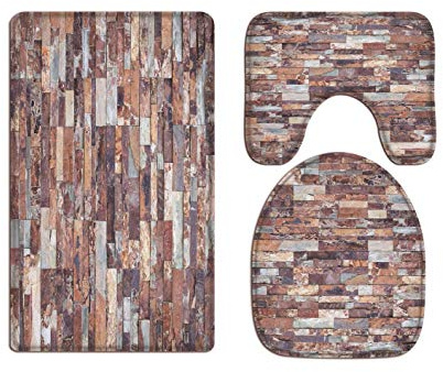 A.Monamour Badezimmer Badematte 3 Teilig Set Bunte Grunge Ziegelmauer Verblendmauerwerk Marmor Stein Textur Kunst Hintergründe Flanell Saugfähig Badteppiche Badvorleger Badgarnitur WC Vorleger