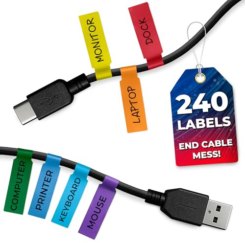 240 PCS Wire Tags for Cable Management – Cable Labels for Cords in 8 Colors - Durable, Self-Adhesive Cord Label Set, Tear-Resistant & Waterproof Wire Labels Tags - Compatible with Laser Printers