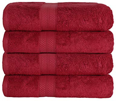 Superior Bath Towel Set, Rayon from Bamboo Cotton Blend, Ideal for Bathroom, Guest Bathroom, and Beach, Modern Style with Solid Dobby Border, Includes 4 Pieces; Bath Towels, Crimson