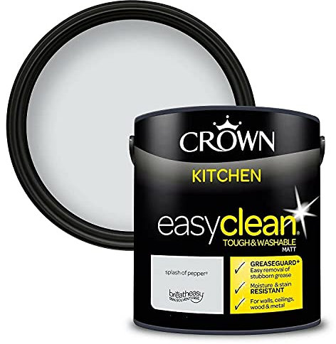2.5L CROWN Easyclean Kitchen MATT Emulsion Multi Surface Paint With GREASEGUARD+ That can be Used on Walls, Ceilings, Wood and Metal. Stain & Scrub Resistant Formula – Splash of Pepper