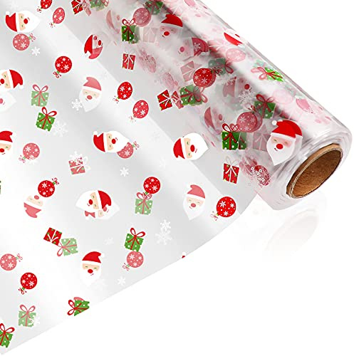 STOBOK klar cellofanrulle, utvikt bredd 80 cm x 30 m transparent presentpapper julmönster, 3,0 mil folierulle för inslagning av presentkorgar, transparent papper presentfolie