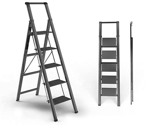 E-riding 5 Step Ladder, Folding Step Stool, Portable Iron Foldable Black Ladder for 10 Foot High Ceiling with Anti-Slip Wide Sturdy Pedal and Handgrip, Multi-Use for Home (300 lbs Capacity)