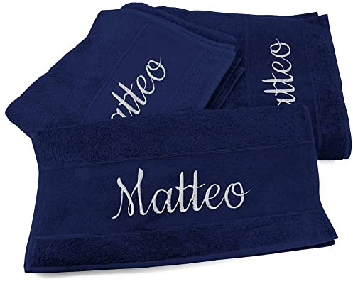 Handtücher 3er Set mit Namen oder Wunschtext bestickt - Farbe Navyblau - 3 verschiedene Größen: 180 x 100 cm, 140 x 70 cm und 100 x 50 cm, personalisiertes Duschtuch - Badehandtuch, 100% Baumwolle